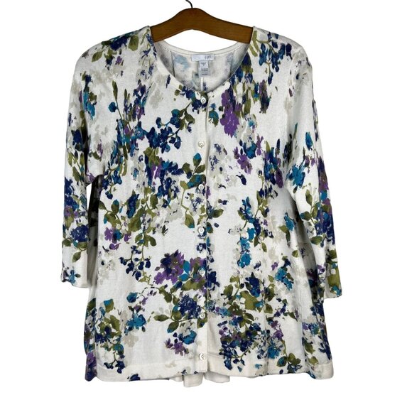 J Jill Cardigan Sweater Pleated Back Floral Button Front White Blue Size Small - Picture 3 of 12